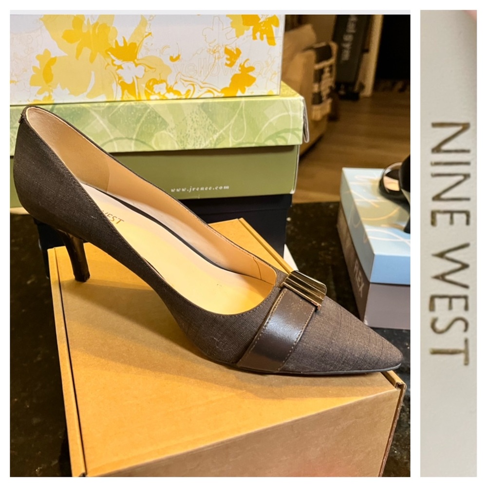 Nine West Charcoal Gray/Brown Heels with Silver Buckle Accent